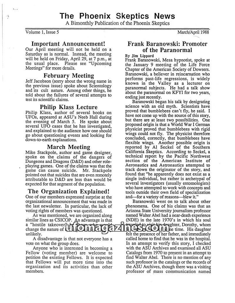 Cover of Phoenix Skeptics News issue Volume 1, Issue 5: The Phoenix Skeptics News