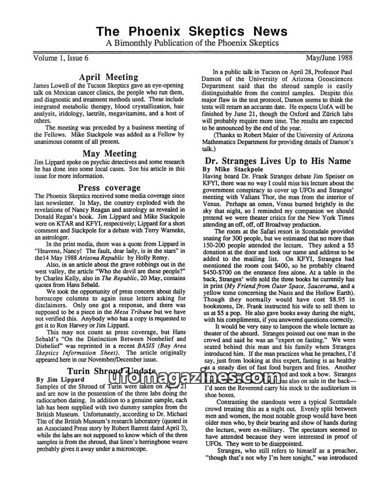 Cover of Phoenix Skeptics News issue 6: The Phoenix Skeptics News
