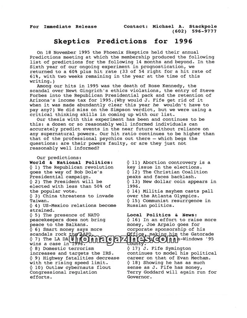 Cover of Phoenix Skeptics News issue 1996: Skeptics Predictions for 1996