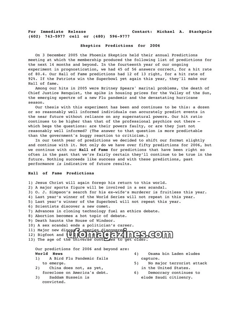 Cover of Phoenix Skeptics News issue 14th year: Skeptics Predictions for 2006