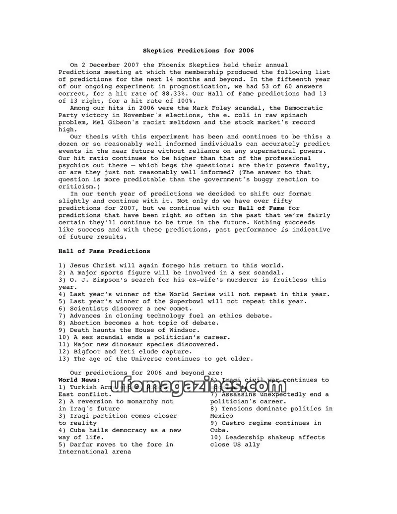 Cover of Phoenix Skeptics News issue 2006: Skeptics Predictions for 2006