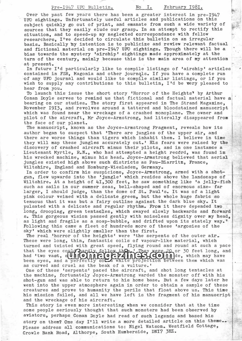 Cover of Pre-1947 UFO Bulletin (Nigel Watson) issue I: Pre-1947 UFO Bulletin