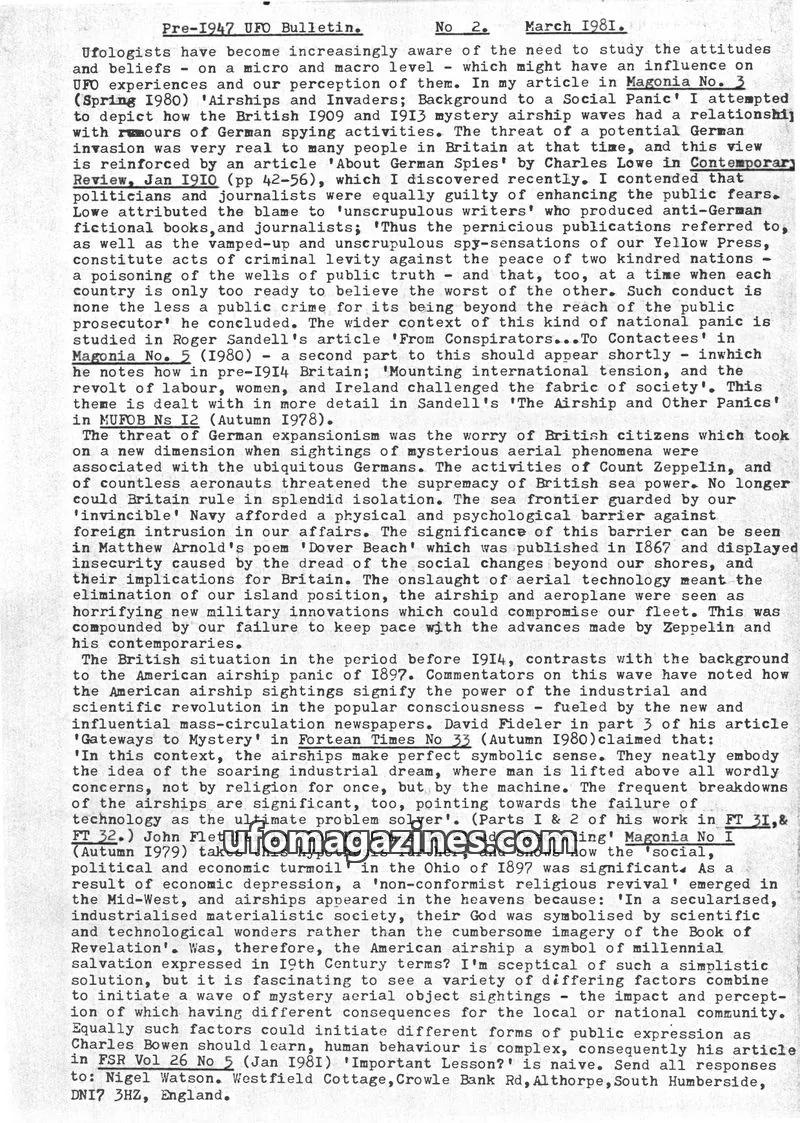 Cover of Pre-1947 UFO Bulletin (Nigel Watson) issue 2: Pre-1947 UFO Bulletin