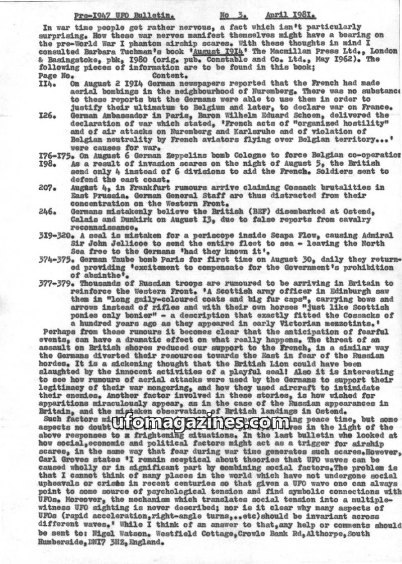 Cover of Pre-1947 UFO Bulletin (Nigel Watson) issue 3: Pre-1947 UFO Bulletin