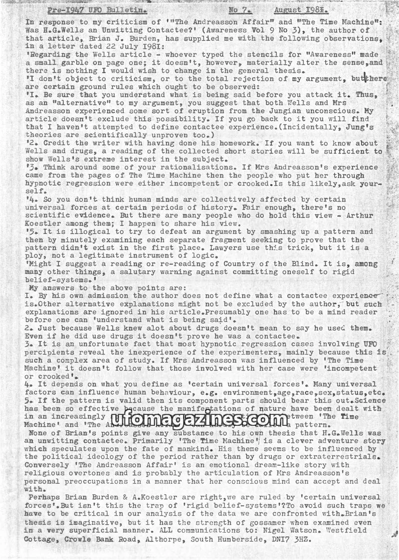 Cover of Pre-1947 UFO Bulletin (Nigel Watson) issue No. 7: Pre-1947 UFO Bulletin