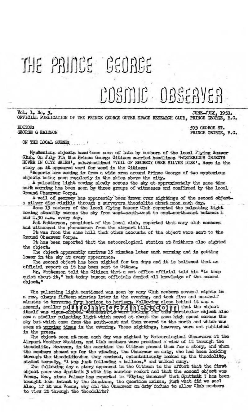 Cover of Prince George Cosmic Observer issue Vol. 1. No. 3.: THE PRINCE GEORGE COSMIC OBSERVER