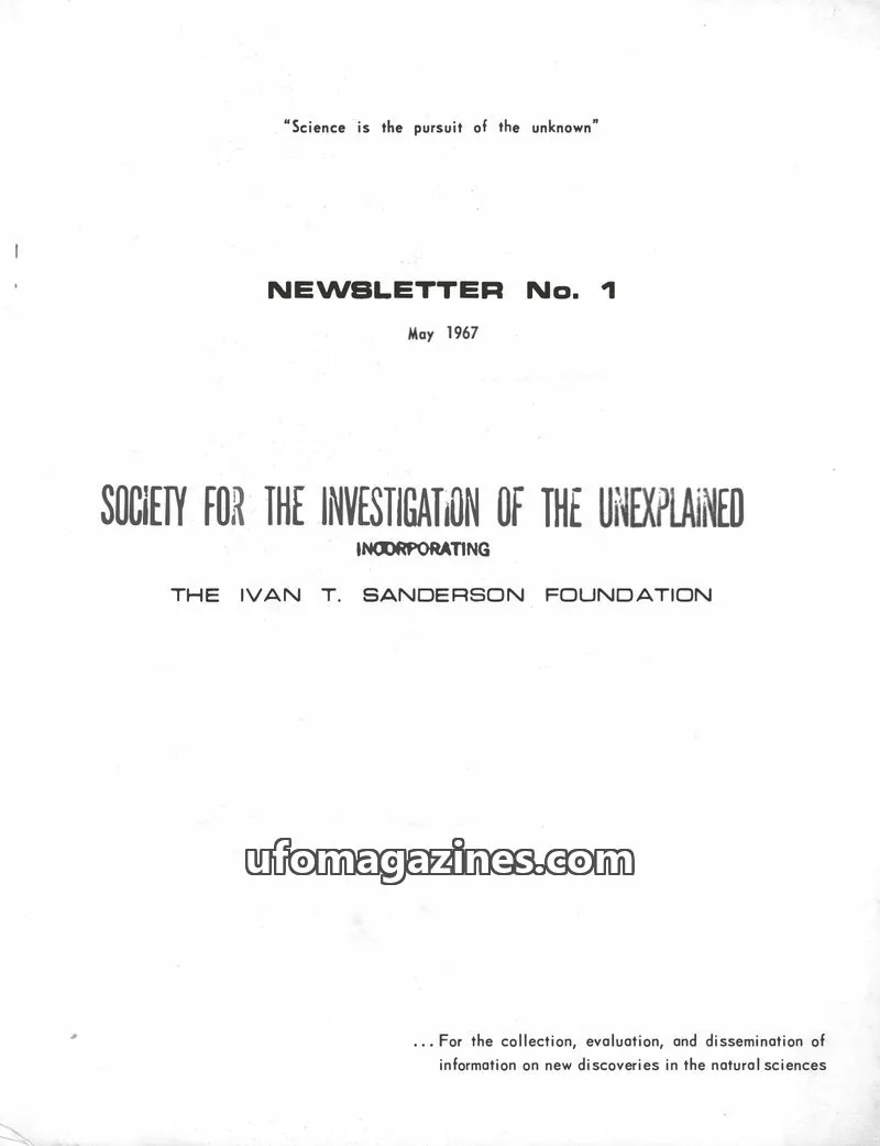 Cover of SOCIETY FOR THE INVESTIGATION OF THE UNEXPLAINED issue No. 1: NEWSLETTER