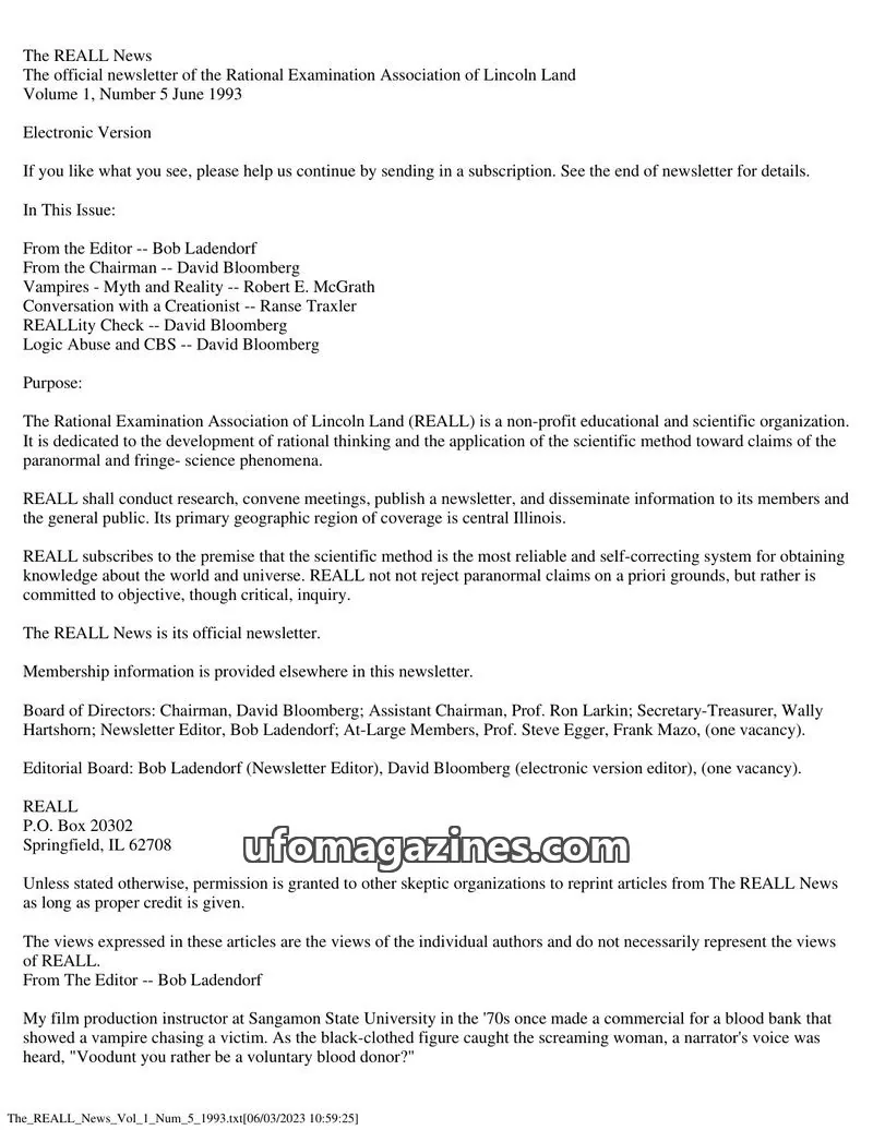 Cover of Rational Examination Association of Lincoln Land (REALL) issue Volume 1, Number 5: The REALL News