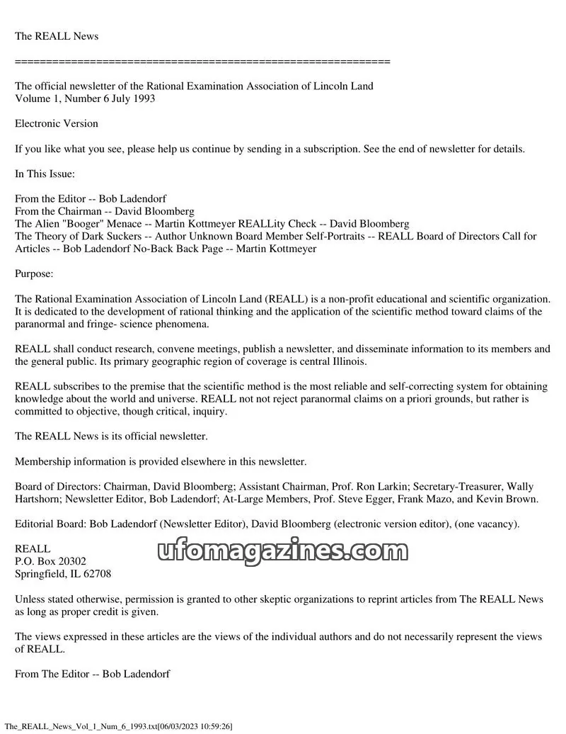 Cover of Rational Examination Association of Lincoln Land (REALL) issue Volume 1, Number 6: The REALL News