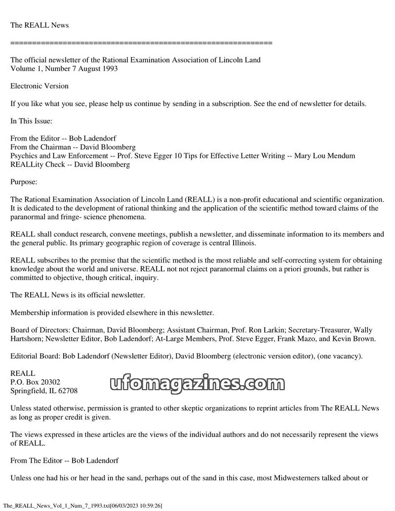 Cover of Rational Examination Association of Lincoln Land (REALL) issue Volume 1, Number 7: The REALL News