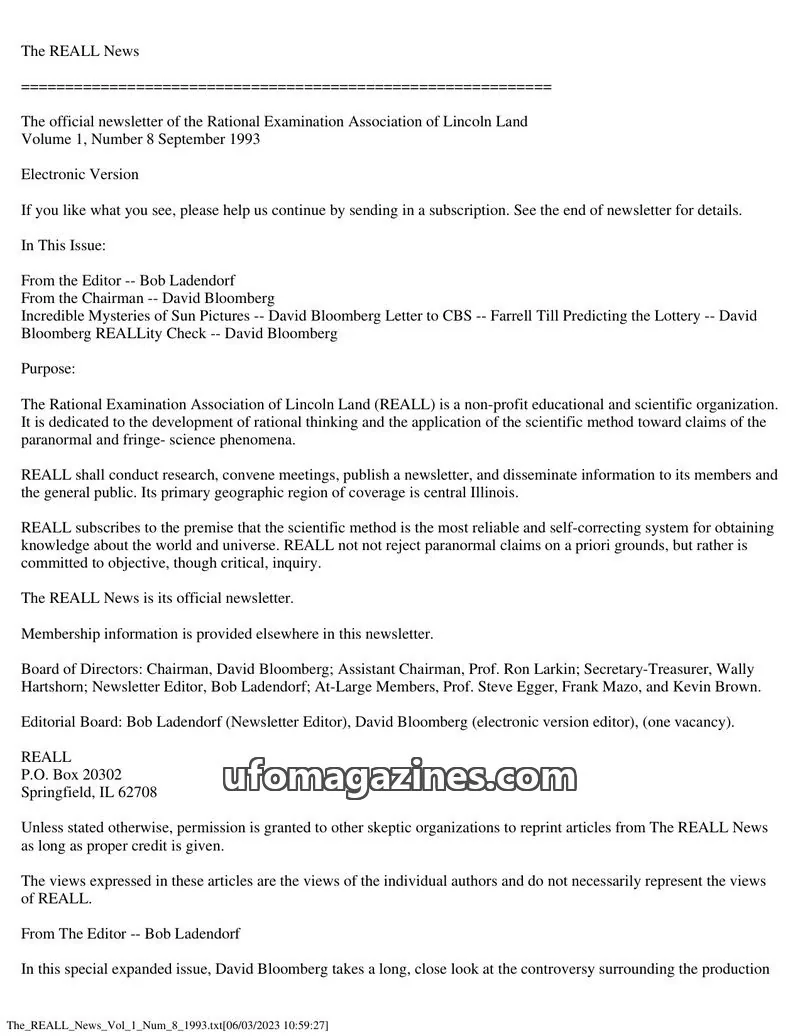 Cover of Rational Examination Association of Lincoln Land (REALL) issue Volume 1, Number 8: The REALL News