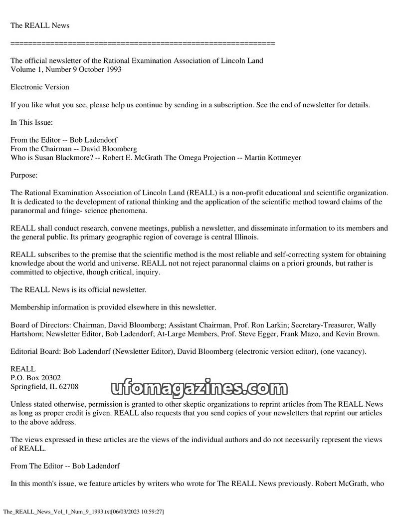 Cover of Rational Examination Association of Lincoln Land (REALL) issue Volume 1, Number 9: The REALL News