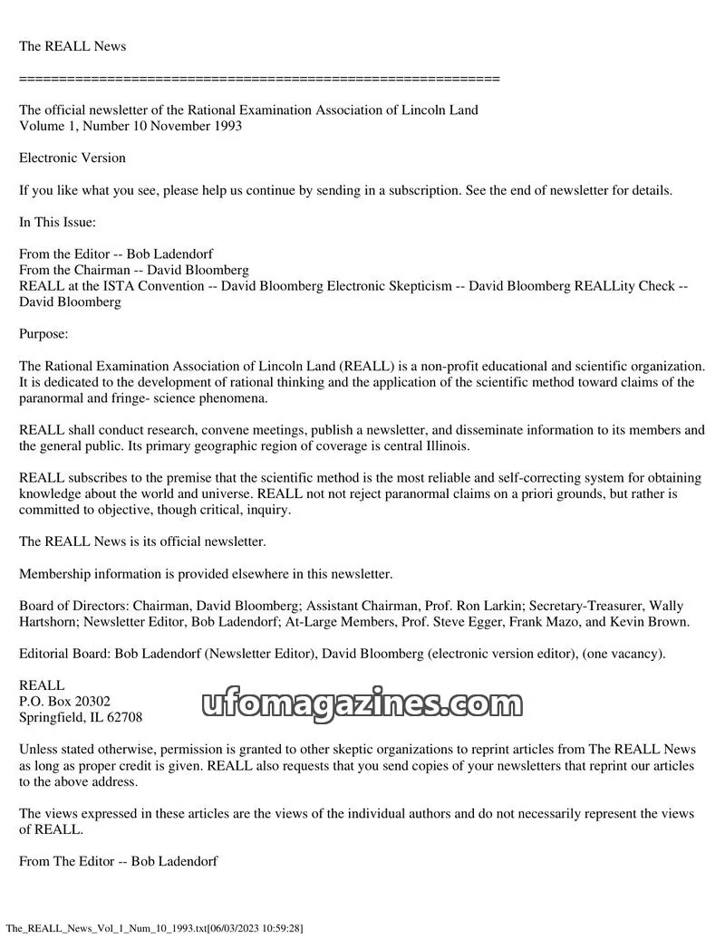 Cover of Rational Examination Association of Lincoln Land (REALL) issue Volume 1, Number 10: The REALL News