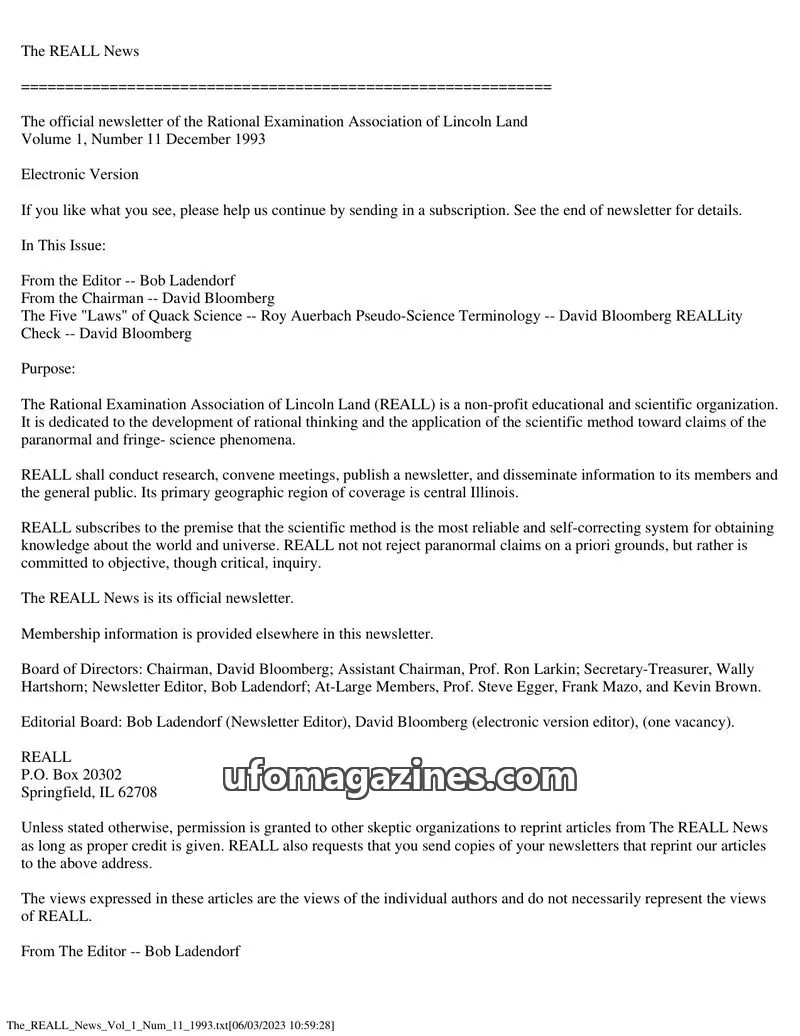 Cover of Rational Examination Association of Lincoln Land (REALL) issue 11: The REALL News