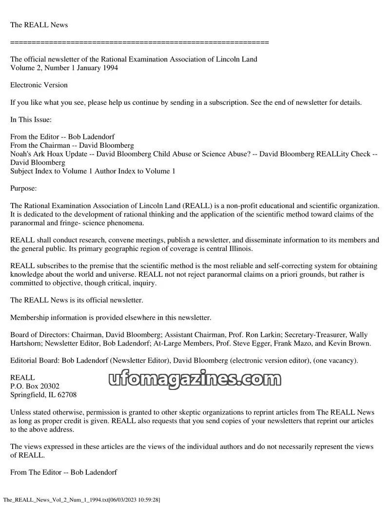 Cover of Rational Examination Association of Lincoln Land (REALL) issue Volume 2, Number 1: The REALL News