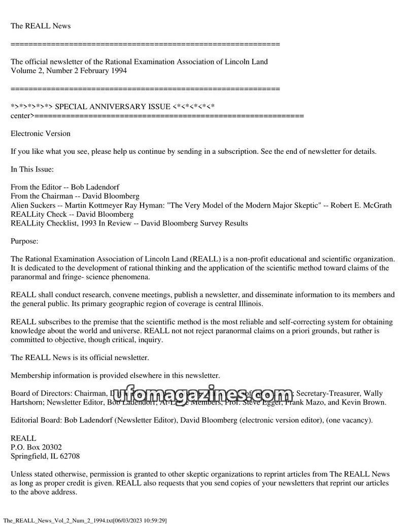 Cover of Rational Examination Association of Lincoln Land (REALL) issue Volume 2, Number 2: The REALL News