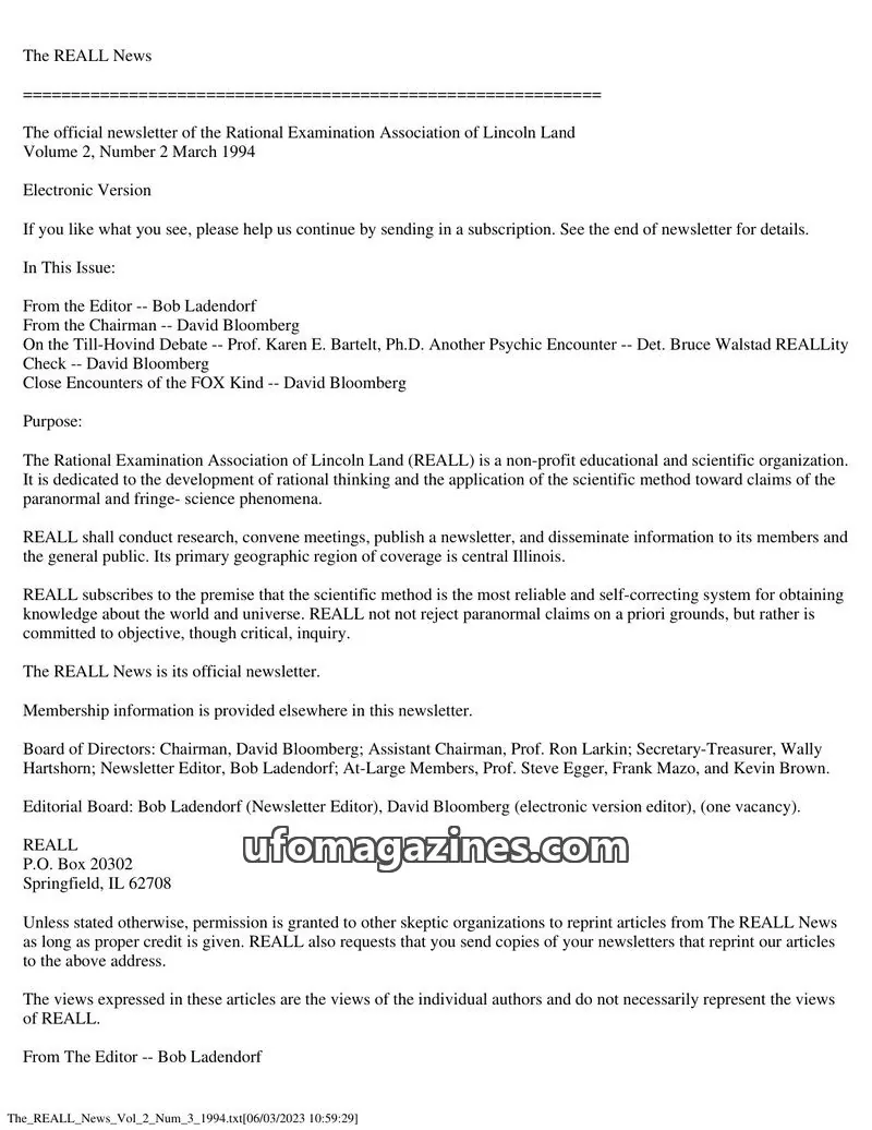 Cover of Rational Examination Association of Lincoln Land (REALL) issue Volume 2, Number 2: The REALL News