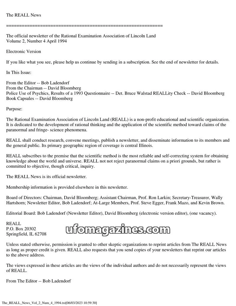 Cover of Rational Examination Association of Lincoln Land (REALL) issue Volume 2, Number 4: The REALL News