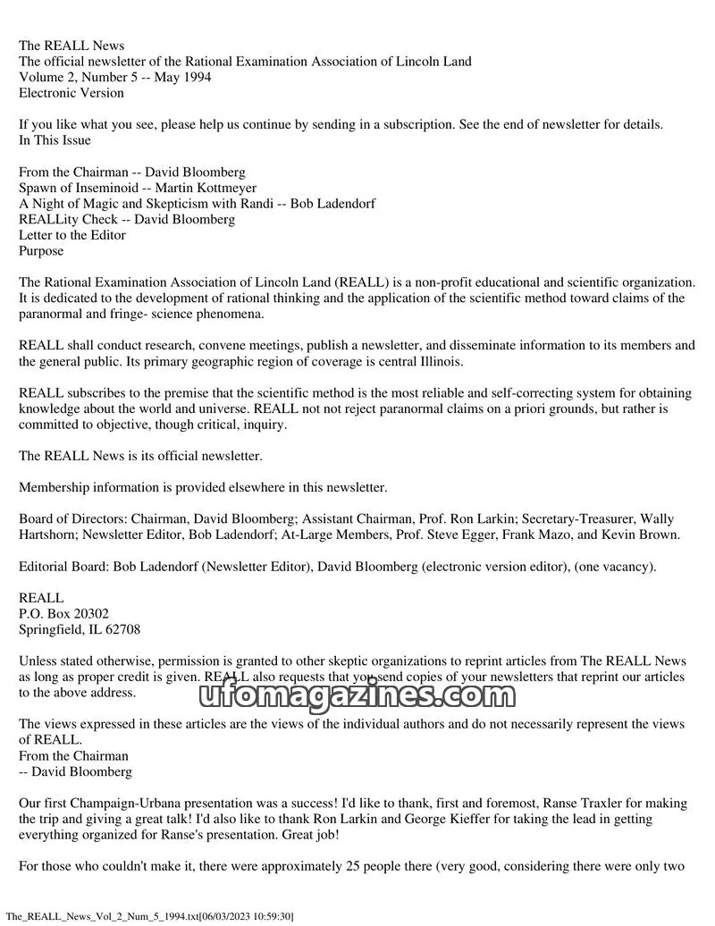 Cover of Rational Examination Association of Lincoln Land (REALL) issue Volume 2, Number 5: The REALL News