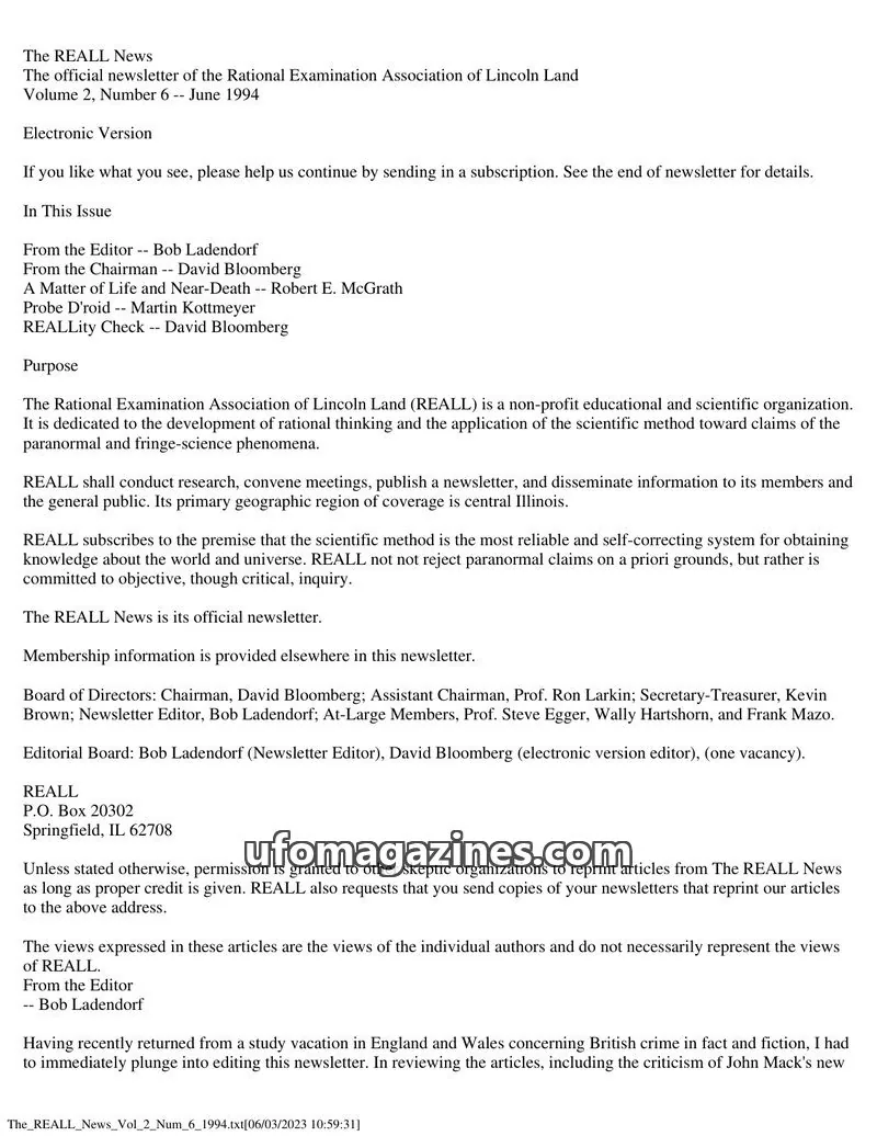 Cover of Rational Examination Association of Lincoln Land (REALL) issue Volume 2, Number 6: The REALL News