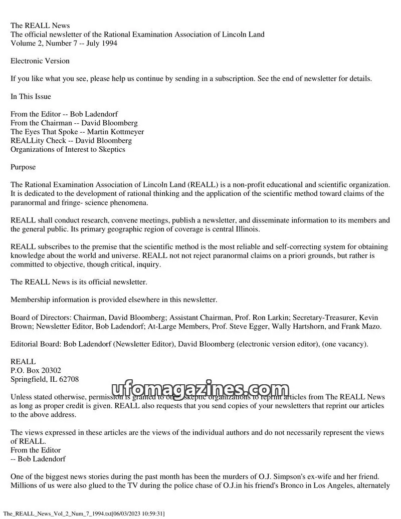 Cover of Rational Examination Association of Lincoln Land (REALL) issue Volume 2, Number 7: The REALL News