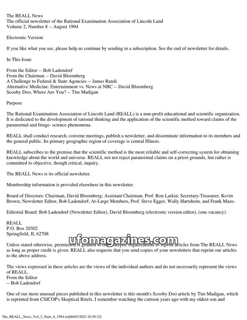 Cover of Rational Examination Association of Lincoln Land (REALL) issue Volume 2, Number 8: The REALL News