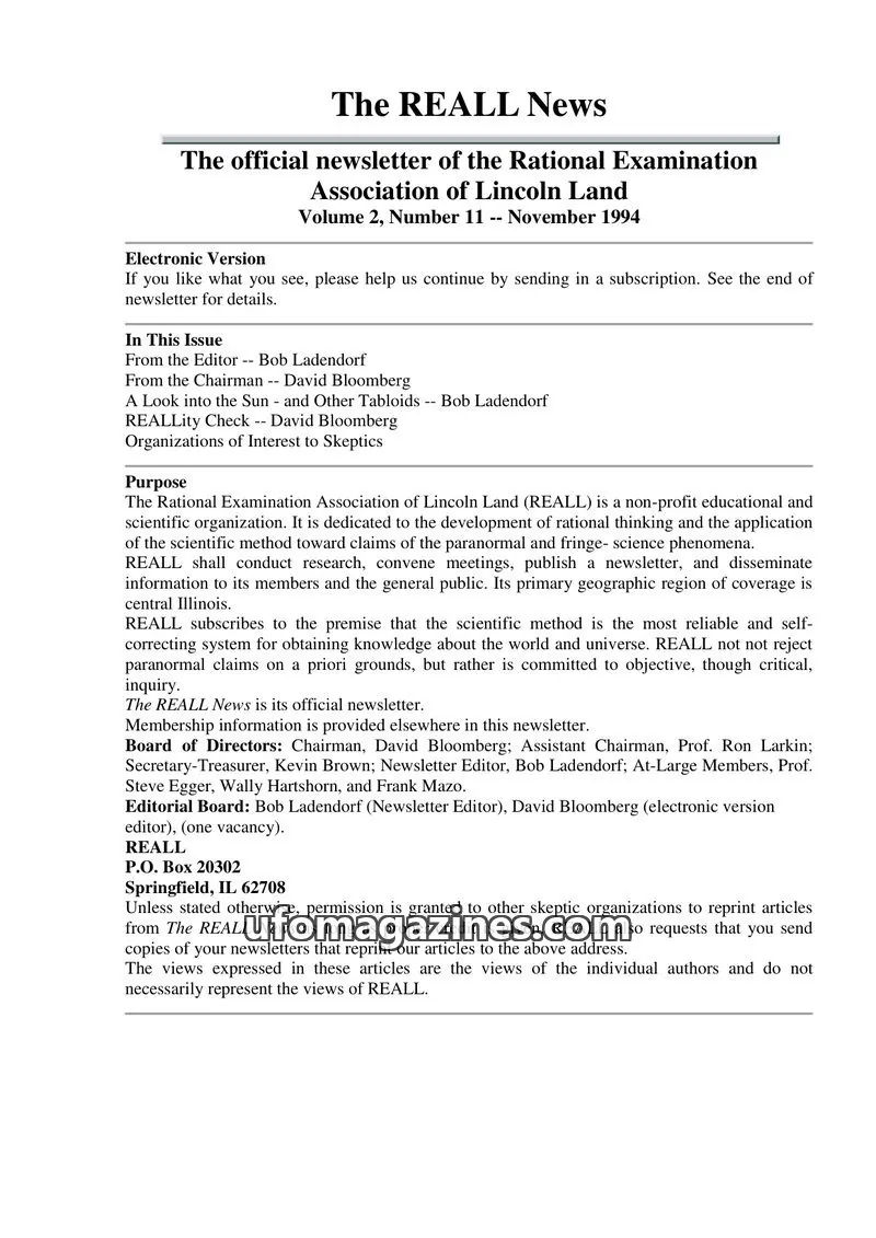 Cover of Rational Examination Association of Lincoln Land (REALL) issue Volume 2, Number 11: The REALL News