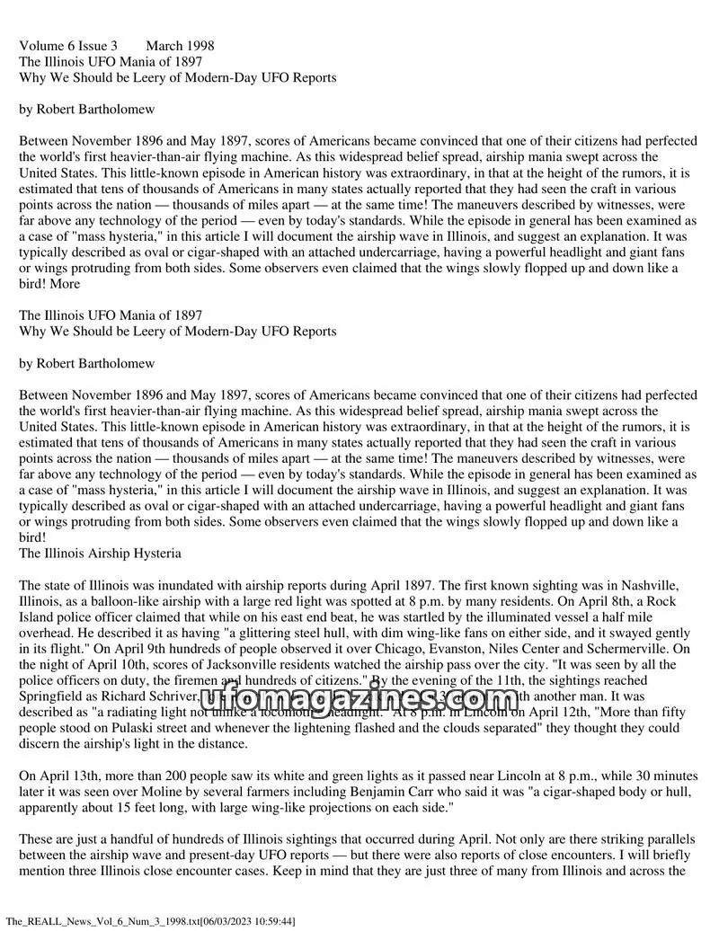 Cover of REALL News (Rational Examination Association of Lincoln Land) issue 3: The Illinois UFO Mania of 1897