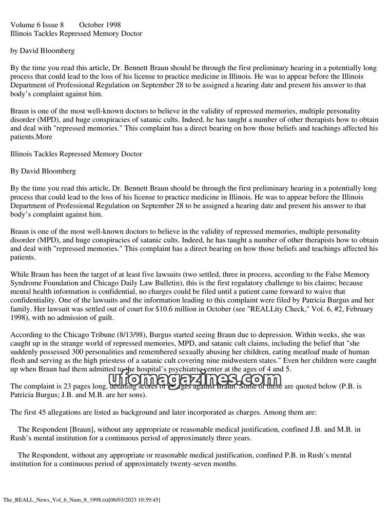 Cover of REALL News (Rational Examination Association of Lincoln Land) issue 8: Illinois Tackles Repressed Memory Doctor