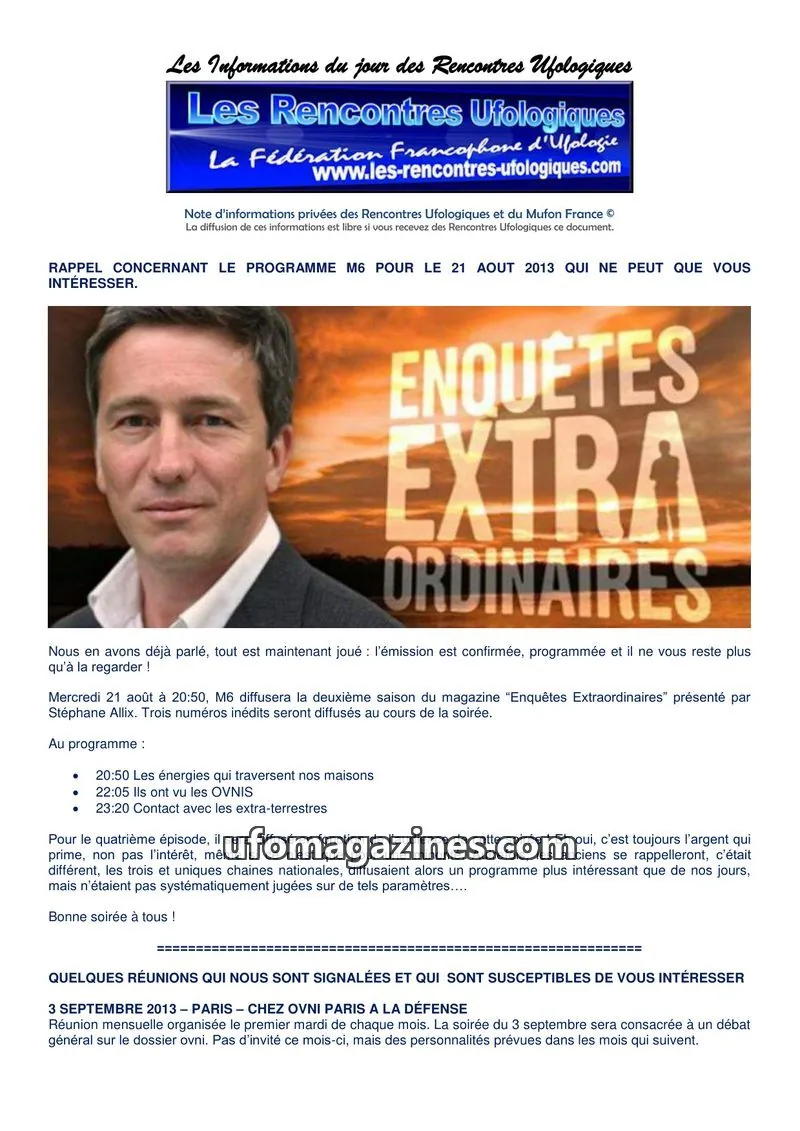 Cover of Rencontres Ufologiques issue August 2013: Les Rencontres Ufologiques