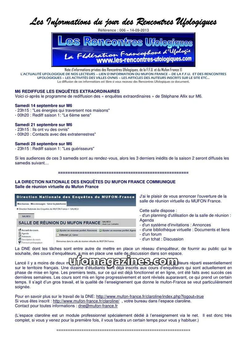 Cover of Rencontres Ufologiques issue 006: Les Informations du jour des Rencontres Ufologiques