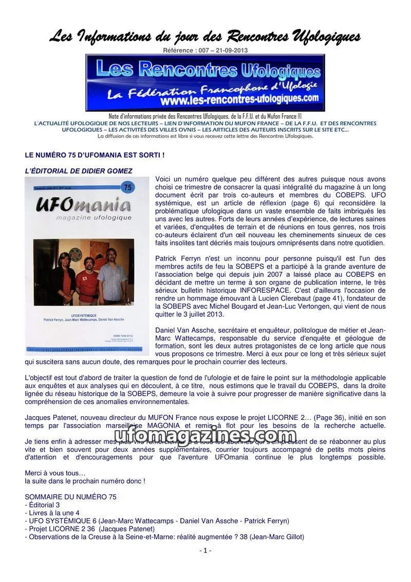 Cover of Rencontres Ufologiques issue 75: Les Informations du jour des Rencontres Ufologiques