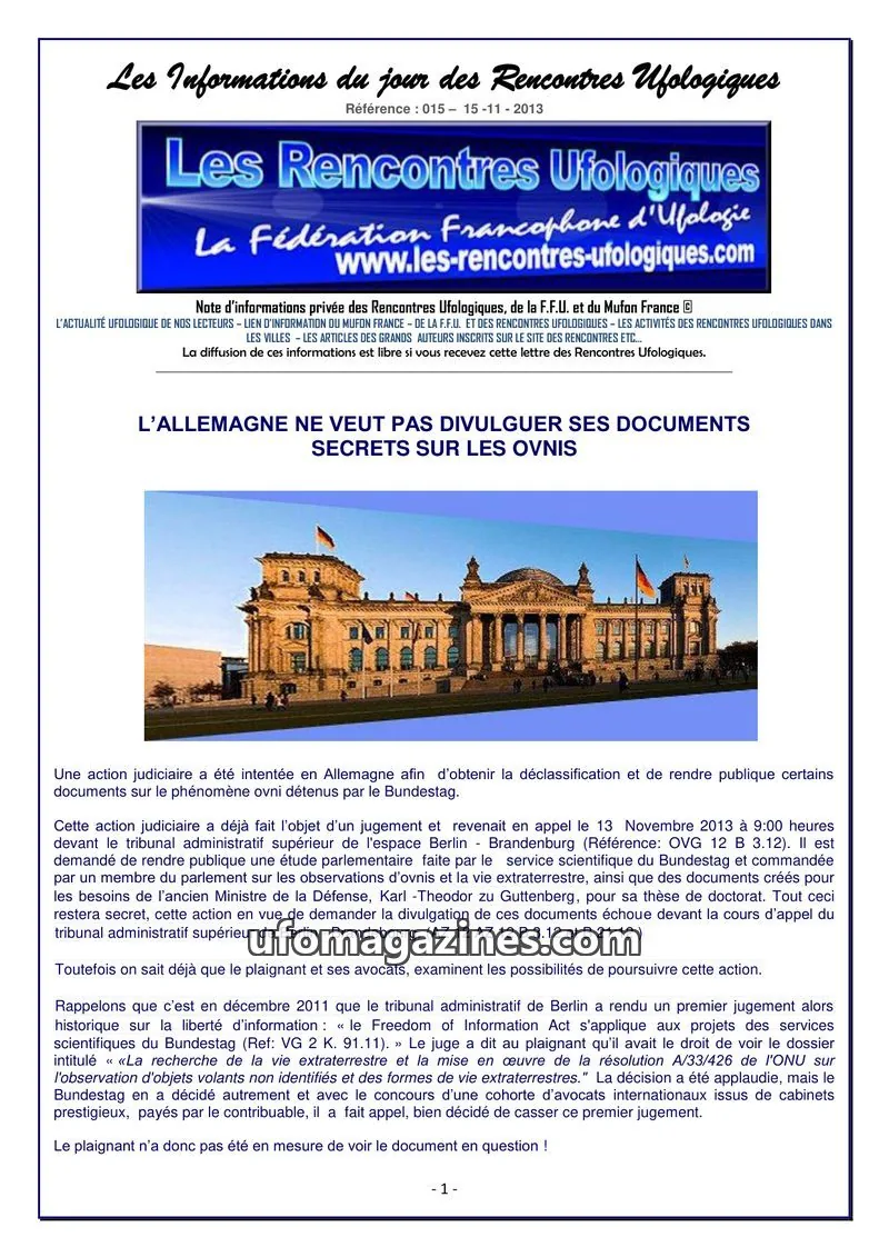 Cover of Rencontres Ufologiques issue 015: Les Informations du jour des Rencontres Ufologiques