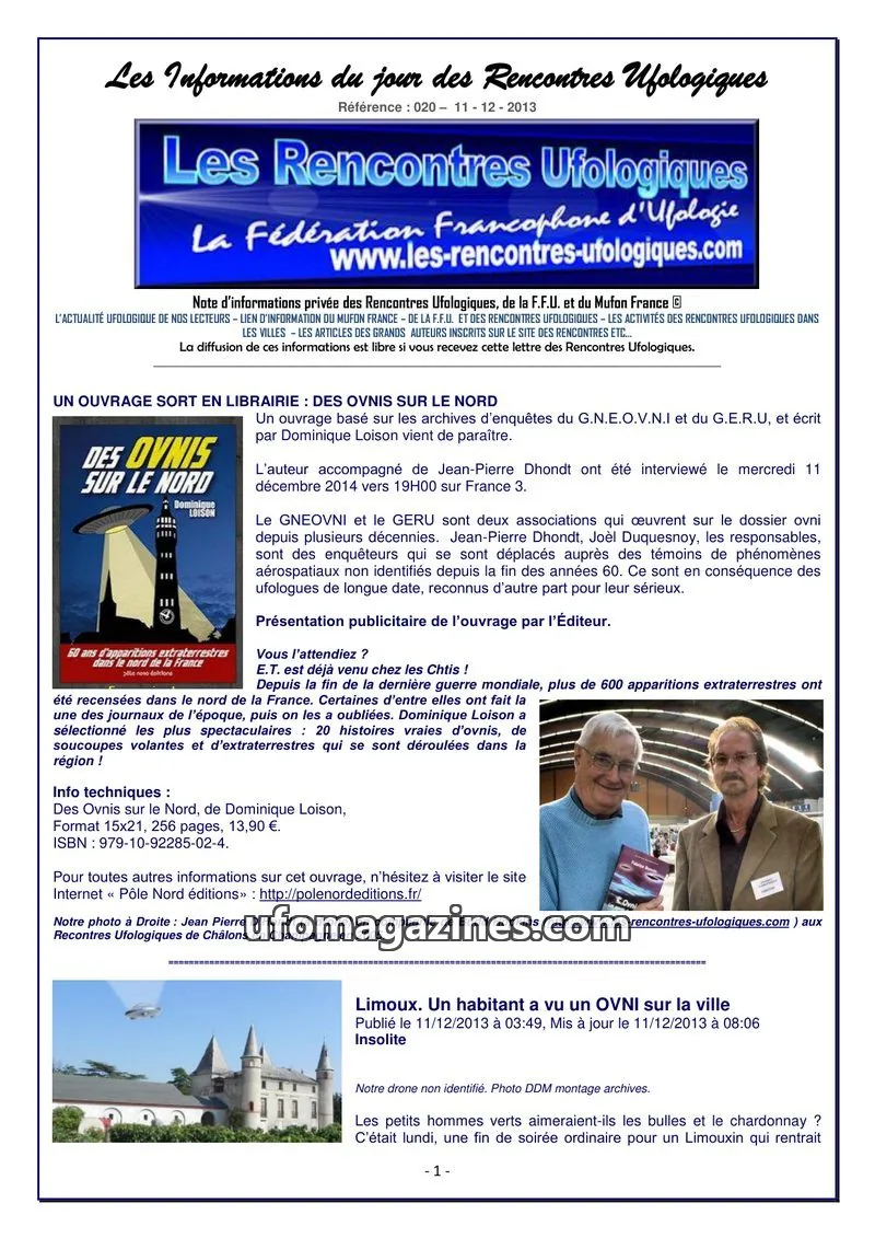 Cover of Rencontres Ufologiques issue 020: Les Informations du jour des Rencontres Ufologiques