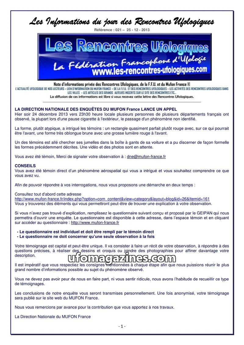 Cover of Rencontres Ufologiques issue 021: Les Informations du jour des Rencontres Ufologiques