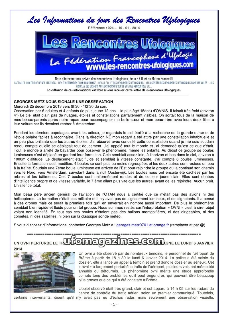 Cover of Rencontres Ufologiques issue 024: Les Informations du jour des Rencontres Ufologiques