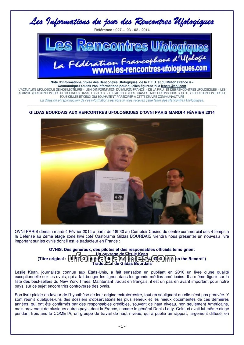 Cover of Rencontres Ufologiques issue 027: Les Informations du jour des Rencontres Ufologiques