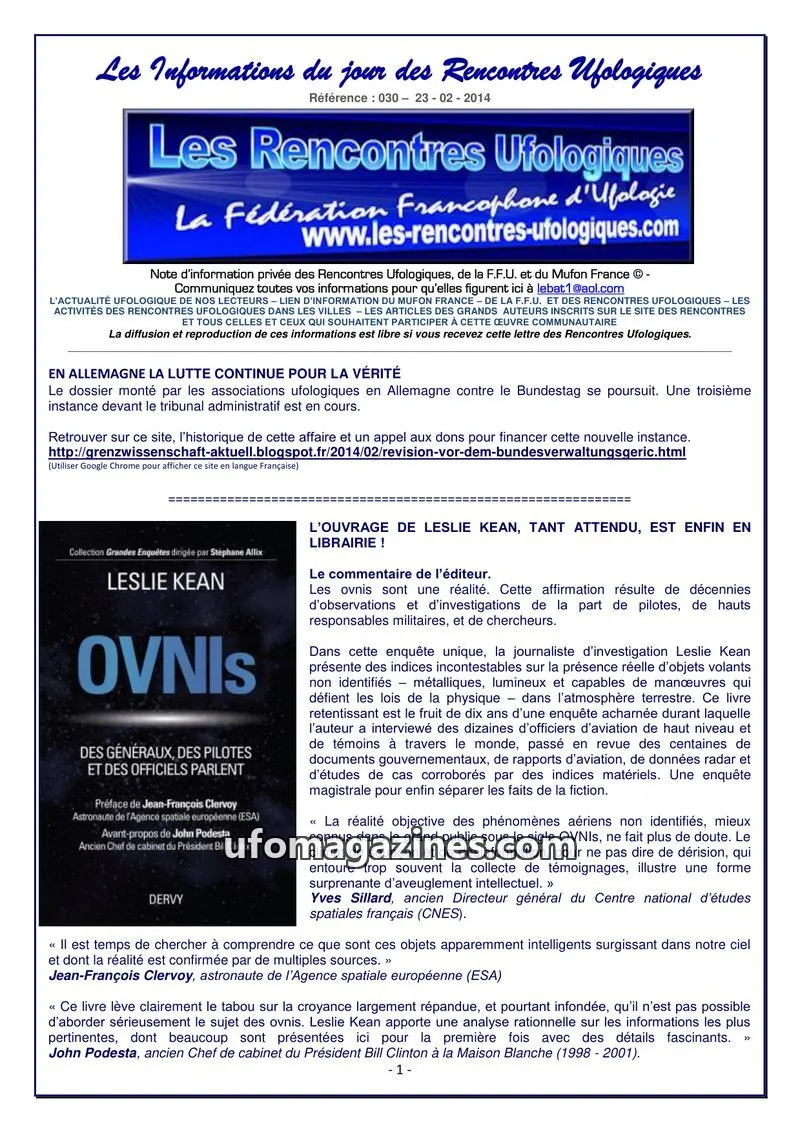 Cover of Rencontres Ufologiques issue 030: Les Informations du jour des Rencontres Ufologiques