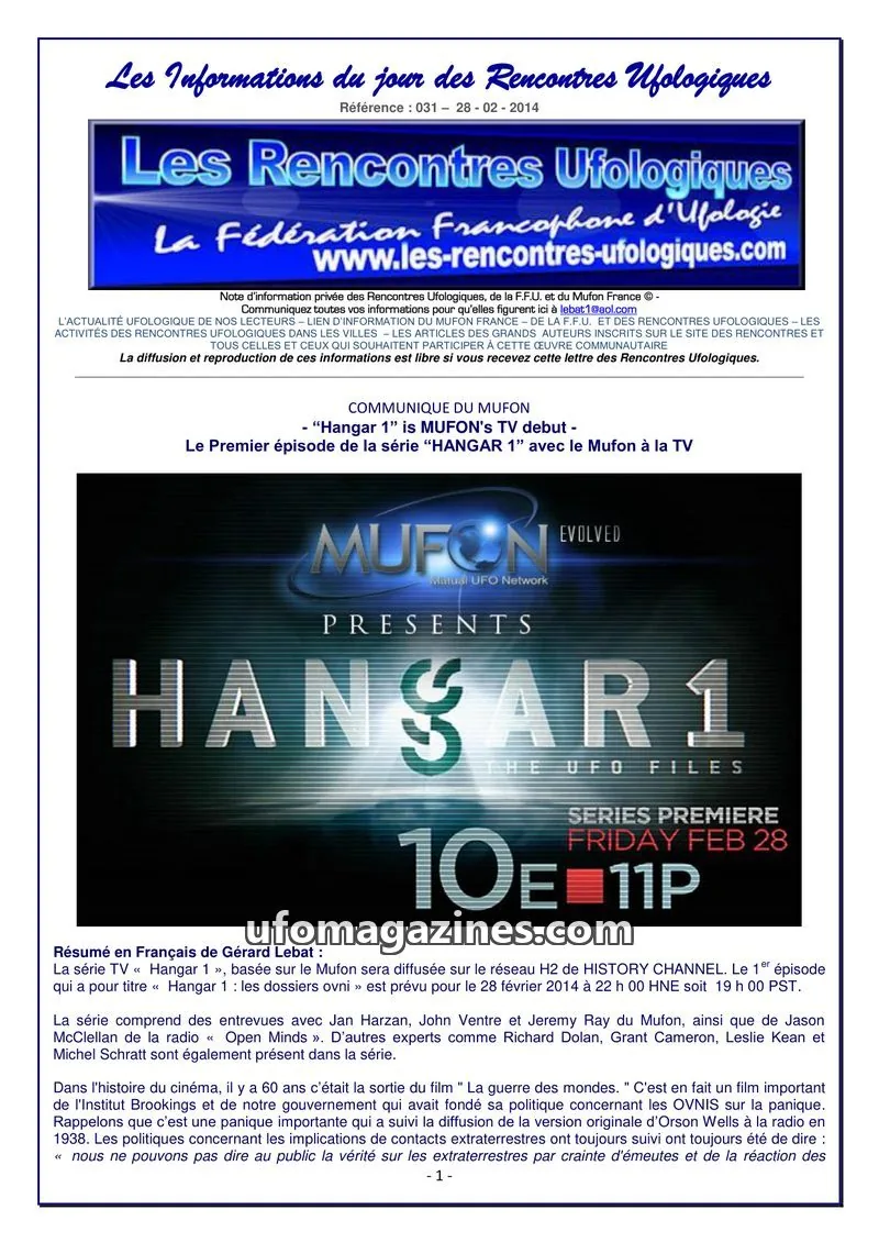 Cover of Rencontres Ufologiques issue 031: Les Informations du jour des Rencontres Ufologiques