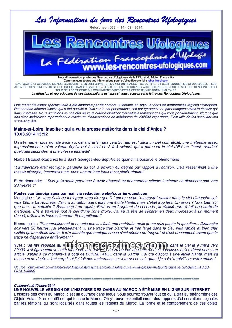 Cover of Rencontres Ufologiques issue 033: Les Informations du jour des Rencontres Ufologiques