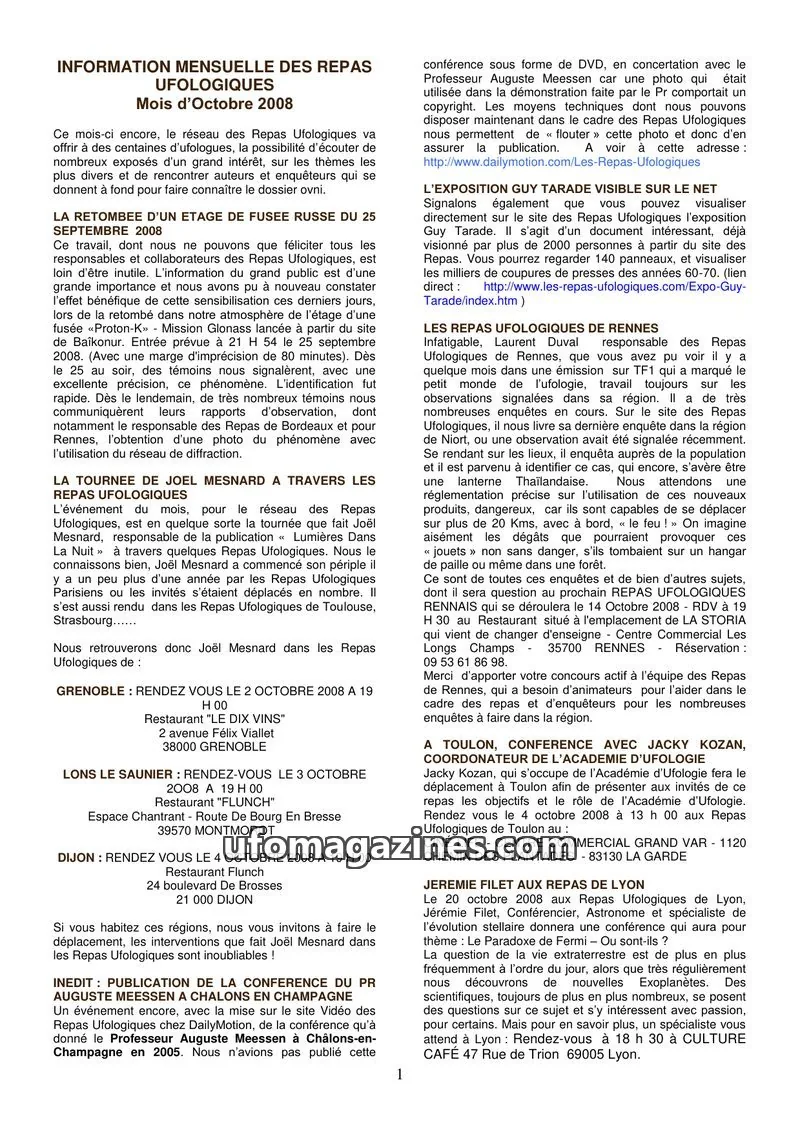 Cover of Repas Ufologiques (Lebat) issue Mois d'Octobre 2008: INFORMATION MENSUELLE DES REPAS UFOLOGIQUES