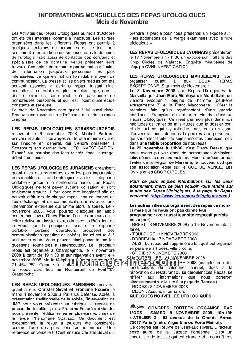 Cover of Repas Ufologiques (Lebat) issue Mois de Novembre: INFORMATIONS MENSUELLES DES REPAS UFOLOGIQUES