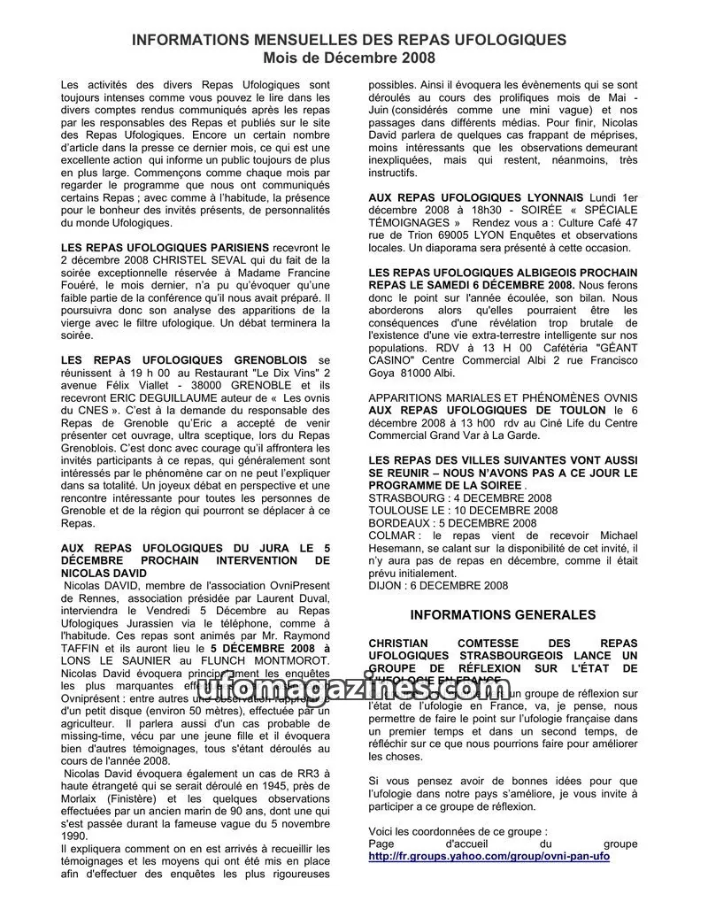Cover of Repas Ufologiques (Lebat) issue Mois de Décembre 2008: INFORMATIONS MENSUELLES DES REPAS UFOLOGIQUES