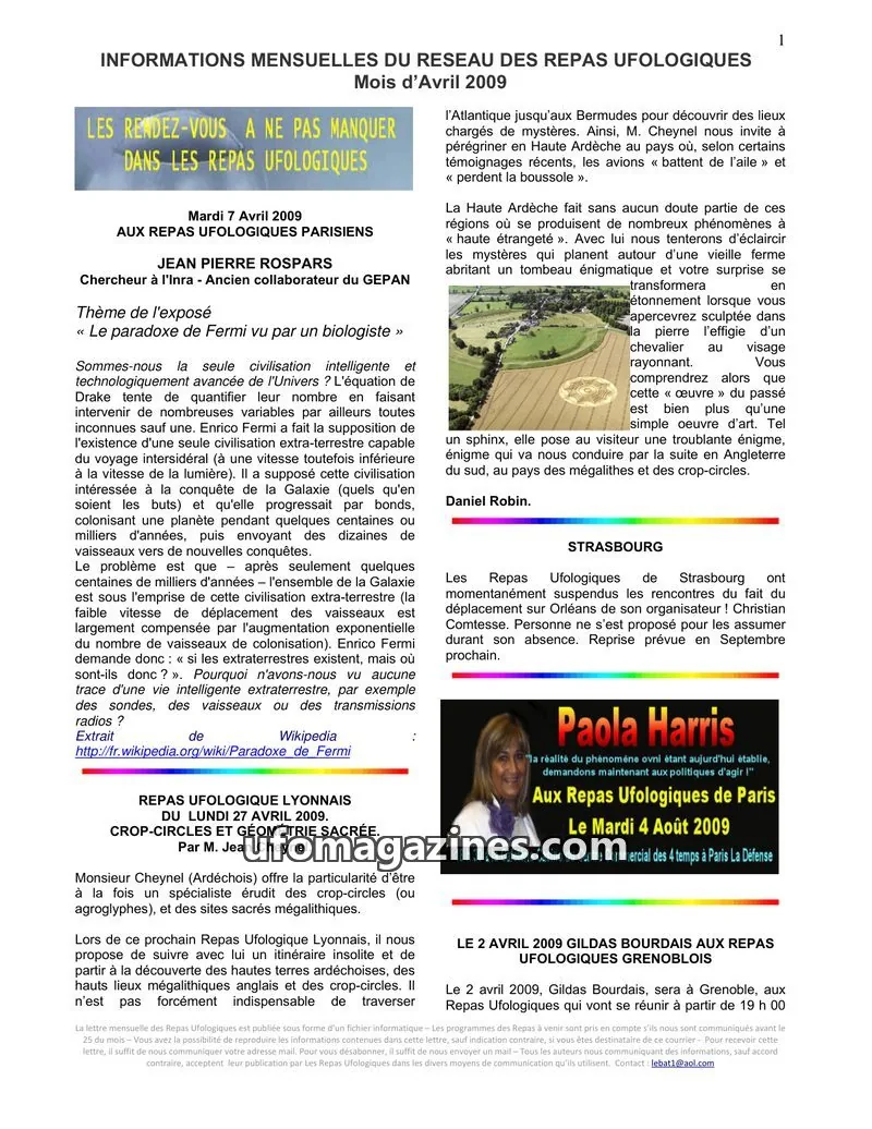 Cover of Repas Ufologiques (Lebat) issue Mois d'Avril 2009: INFORMATIONS MENSUELLES DU RESEAU DES REPAS UFOLOGIQUES