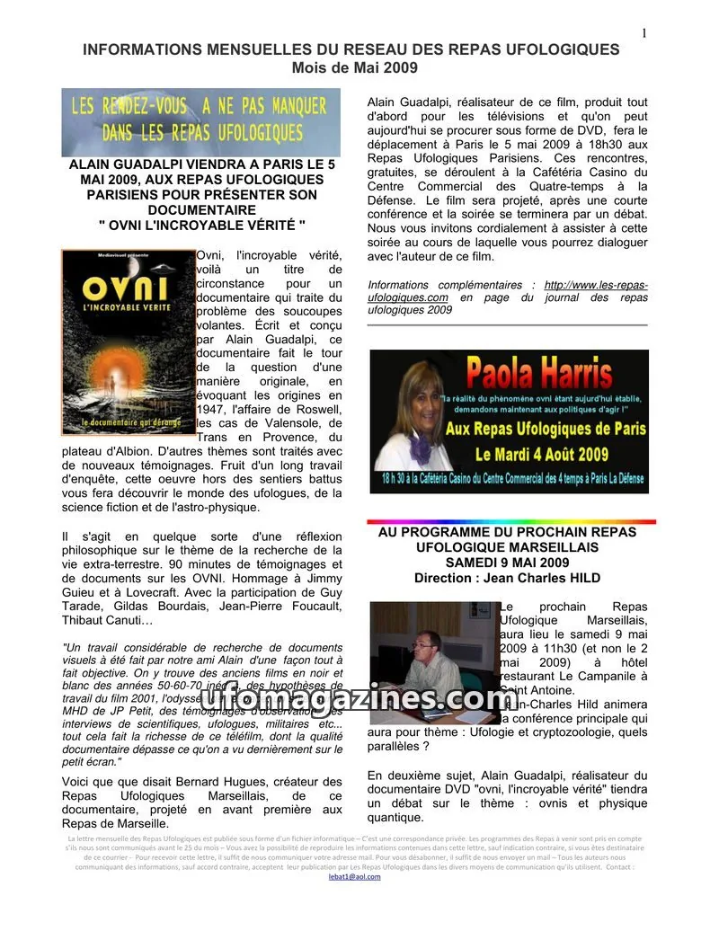 Cover of Repas Ufologiques (Lebat) issue Mai 2009: INFORMATIONS MENSUELLES DU RESEAU DES REPAS UFOLOGIQUES