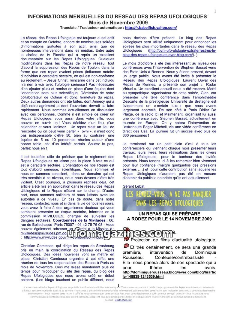 Cover of Repas Ufologiques (Lebat) issue Mois de Novembre 2009: INFORMATIONS MENSUELLES DU RESEAU DES REPAS UFOLOGIQUES