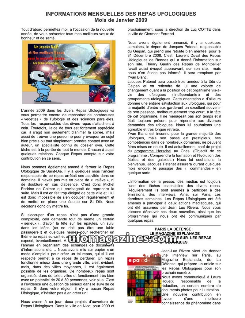 Cover of Repas Ufologiques (Lebat) issue Janvier 2009: INFORMATIONS MENSUELLES DES REPAS UFOLOGIQUES