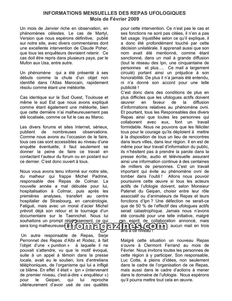 Cover of Repas Ufologiques (Lebat) issue Mois de Février 2009: INFORMATIONS MENSUELLES DES REPAS UFOLOGIQUES