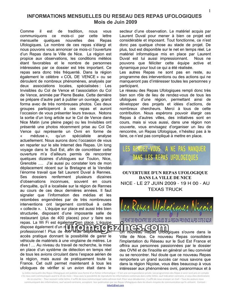 Cover of Repas Ufologiques (Lebat) issue Mois de Juin 2009: INFORMATIONS MENSUELLES DU RESEAU DES REPAS UFOLOGIQUES