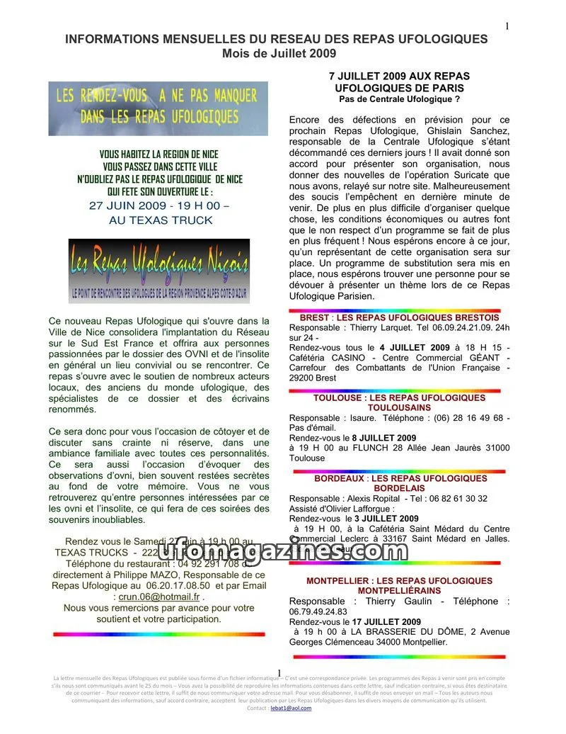 Cover of Repas Ufologiques (Lebat) issue Juillet 2009: INFORMATIONS MENSUELLES DU RESEAU DES REPAS UFOLOGIQUES